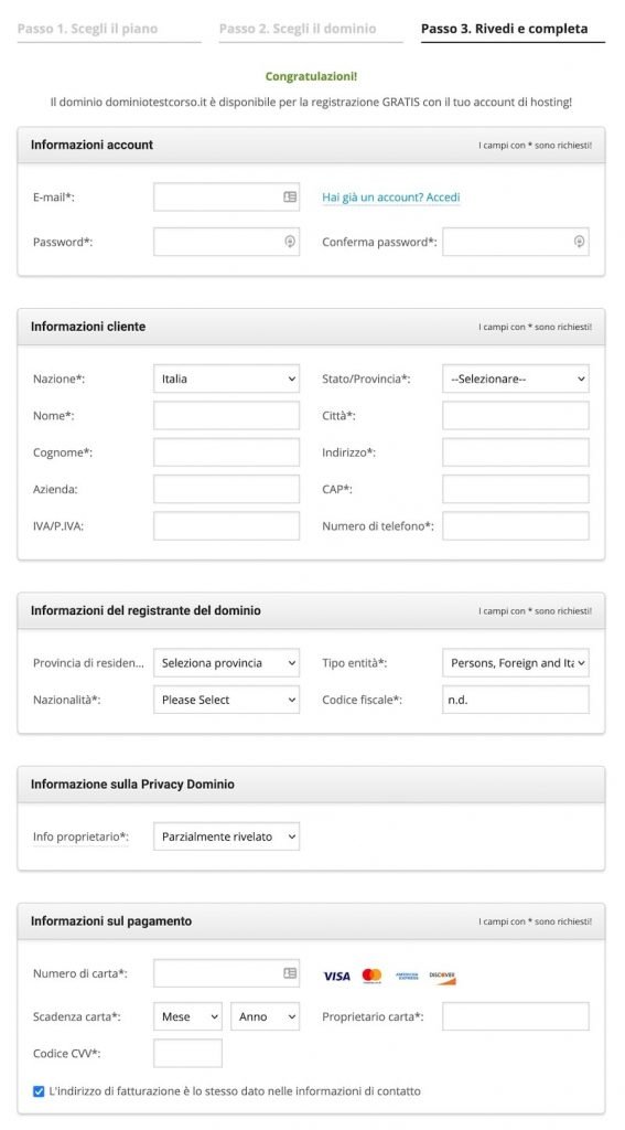 Dati di pagamento siteground
